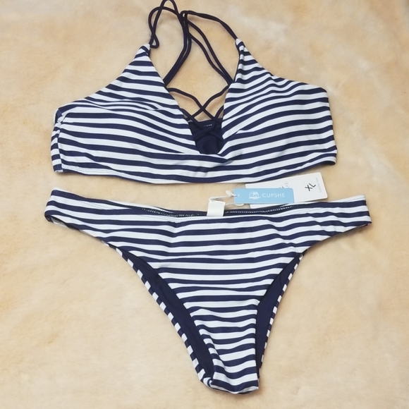 Cupshe Other - NWT Cupshe navy/white striped bikini XL